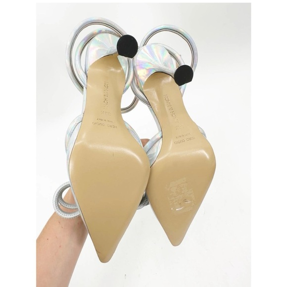 Mach & Mach Silver Iridescent Heels Toe Double Bow Ankle Wrap Straps 38.5 - Picture 6 of 8